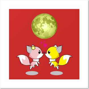 Love on Moonlight Foxes Hearts Posters and Art